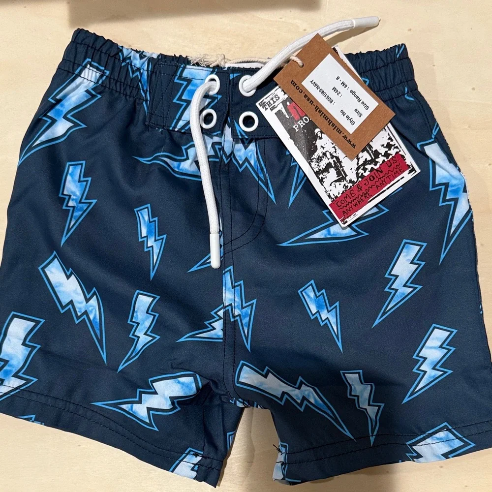 Kids Navy Blue Lightning Swim Trunks